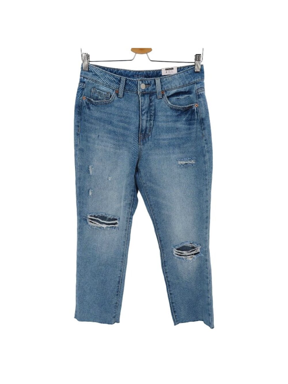 Time and Tru Women 6 High Rise Distressed Raw Hem Whiskered Blue Denim Jeans NEW